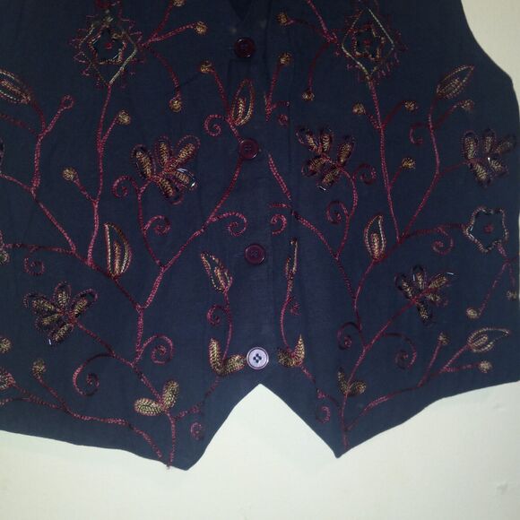 Vintage D.D. Designs Embroidered Beaded Vest-Large-Button Front-Tie Back-Navy - Picture 3 of 8